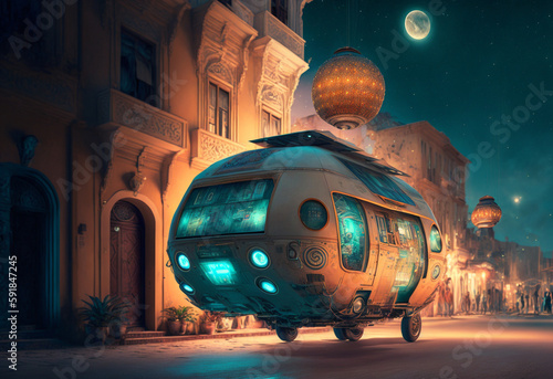Vanlife roadtrip with a surreal, psychedelic, hippie camper van in the medina of an oriental old town. Created with Generative AI technology.