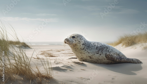 Seal in a sand dune by the coast of Denmark surrounded by lyme grass. AI generated