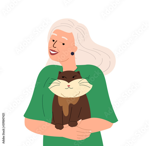 Smiling Old Senior Lady with sleepy cat,happy elderly retired woman hug her fat cat.Happy woman,Old Senior Person wear fashion stylish clothes,accessory.Vector illustration isolated,white background