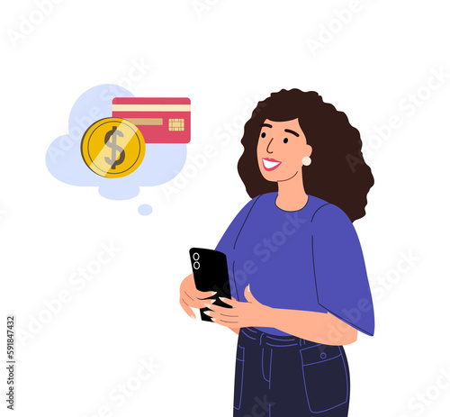 Woman paying Online with mobile phone and plastic credit debit card.Paying with electronic money, smartphone,bank app.Internet transaction receipt.Flat vector illustration isolated on white background