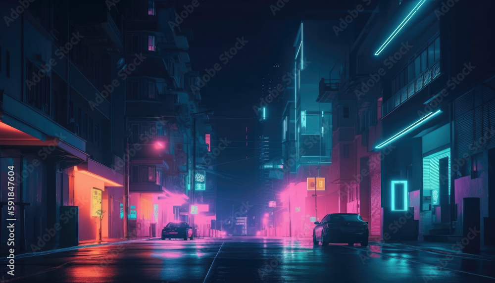 Night in a big city with neon lights in the empty street. AI generated