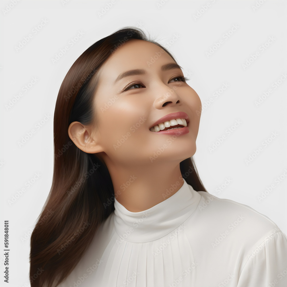 smiling asian woman looking upward isolated on white background, made with generative ai smiling asian woman looking upward isolated on white background, made with generative ai