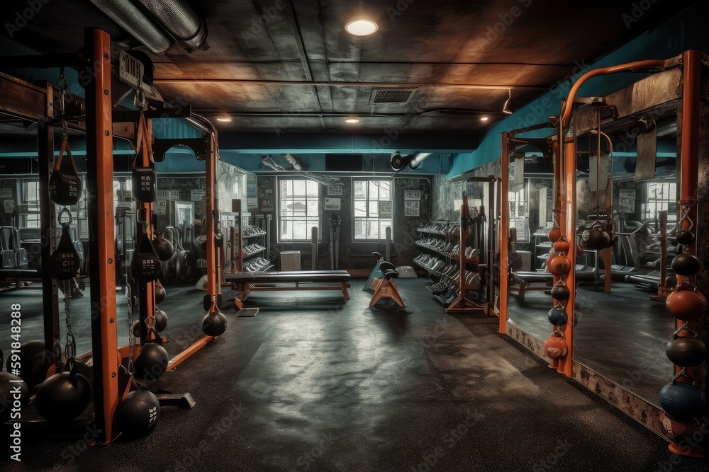 Empty gym with equipment ai generative illustration Empty gym with equipment ai generative illustration