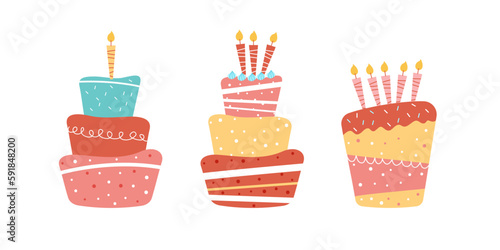 A set of cakes in a trendy style. hand drawn. Vector illustration. Isolated. Pieces of cake with candles.