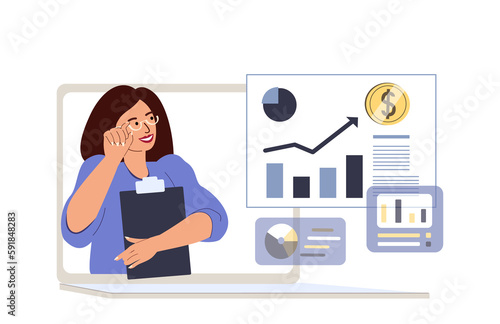 Online business Female speaker.Financial education webinar,finance presentation,report with economic graphs,charts in internet.Presenter in laptop.Flat vector illustration isolated on white background © Alina.Alina