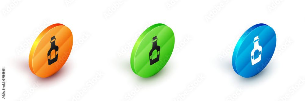 Isometric Alcohol drink Rum bottle icon isolated on white background. Circle button. Vector Isometric Alcohol drink Rum bottle icon isolated on white background. Circle button. Vector