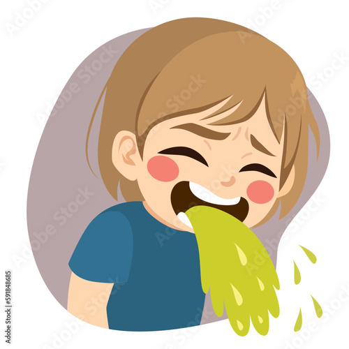 Vector illustration of little boy vomiting feeling sick. Child having digestive problems throwing up from stomach flu