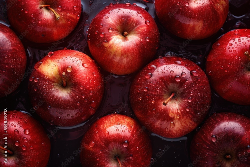 Top view of of a fresh red apples with waterdrops on a seamless background Top view of of a fresh red apples with waterdrops on a seamless background