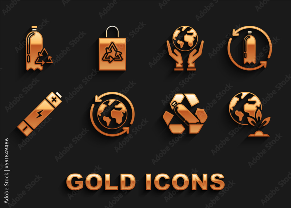 Set Planet earth and a recycling, Recycling plastic bottle, Earth globe plant, Battery, Human hands holding, and Plastic bag with recycle icon. Vector Set Planet earth and a recycling, Recycling plastic bottle, Earth globe plant, Battery, Human hands holding, and Plastic bag with recycle icon. Vector