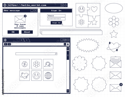 Set of various user interface elements and stickers. Nostalgic retro y2k old computer style. Web browser window, new notification message, search bar, authorization window. Vector illustration.