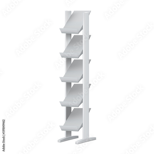 Display stand with inclined shelves vector mockup. Blank white vertical open storage rack realistic mock-up. Brochure, catalogue, magazine holder. Template for design