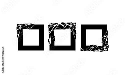 Black square, frame explode, shatter shapes. Border broken, Vector geometric illustration concept set