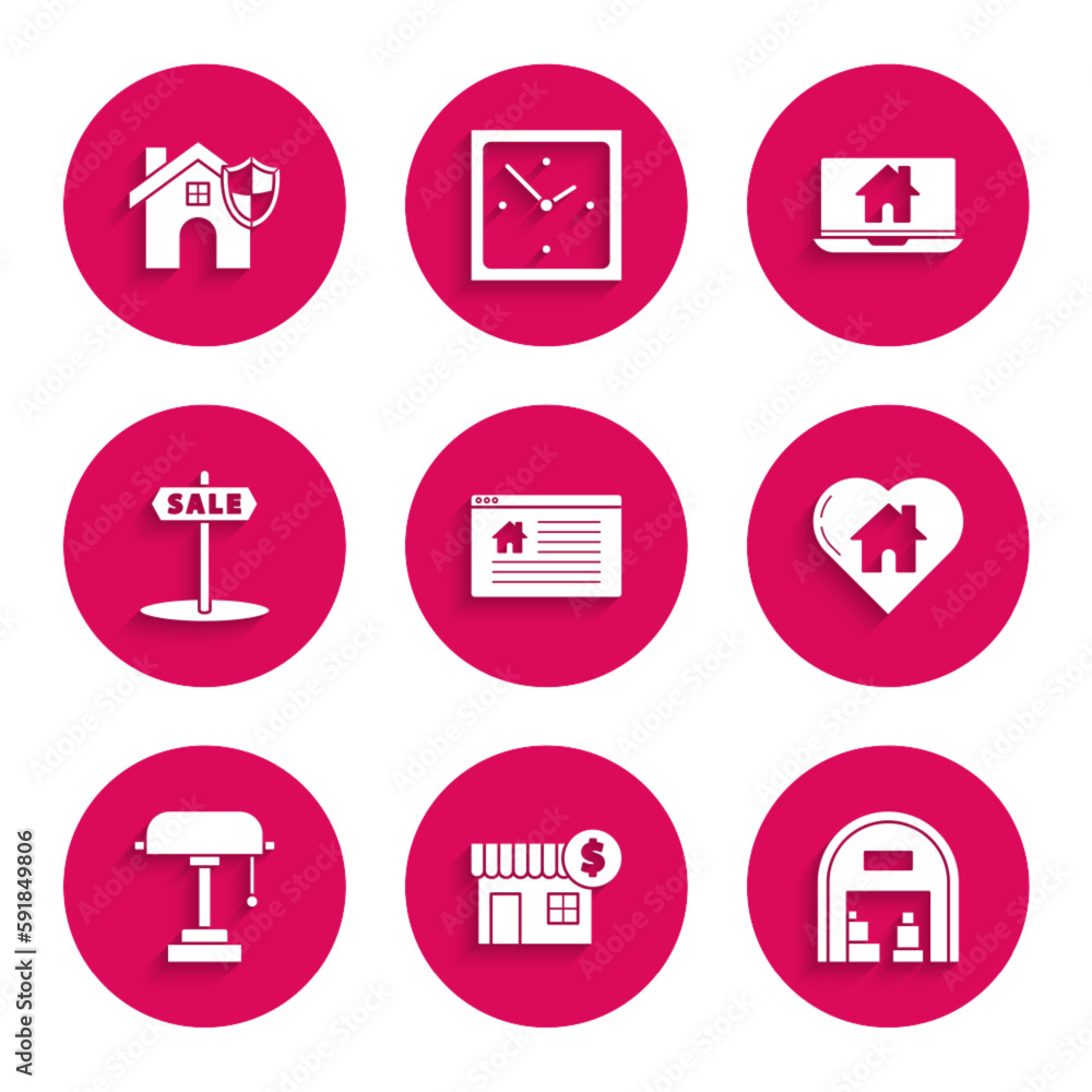 Set Hanging sign with text Online Sale, House dollar symbol, Warehouse, heart shape, Table lamp, Laptop and smart home and shield icon. Vector Set Hanging sign with text Online Sale, House dollar symbol, Warehouse, heart shape, Table lamp, Laptop and smart home and shield icon. Vector