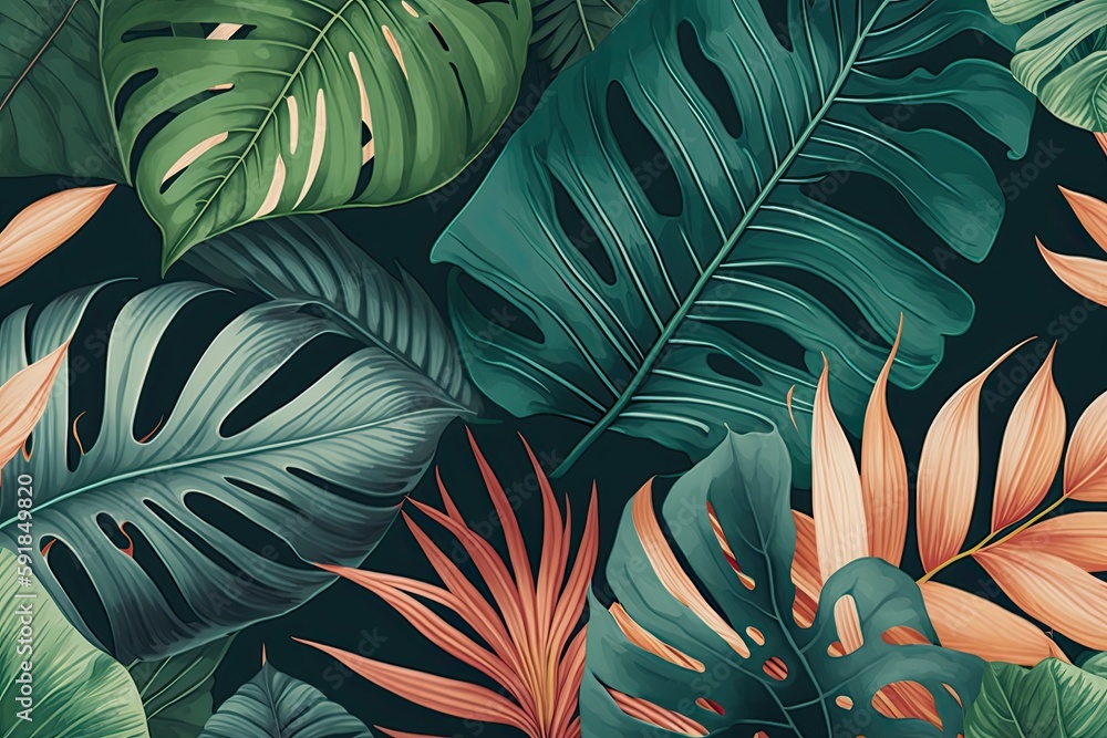 custom made wallpaper toronto digitalgreen and orange leaves on a black background. Generative AI