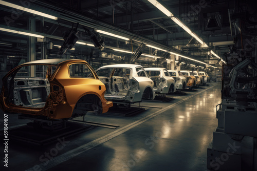 cars in automation assembly line in factory. automotive industry. generative ai