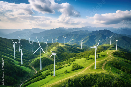 landscape with renewable energy and wind turbines on mountain. generative ai photo