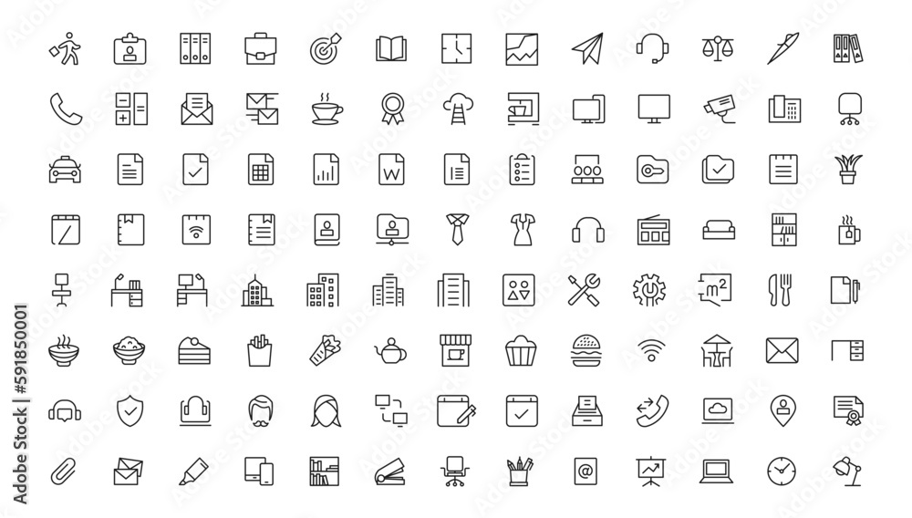 Office workspace elements - thin line web icon set. Outline icons collection. Simple vector illustration.