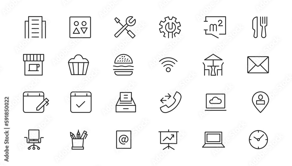 Office workspace elements - thin line web icon set. Outline icons collection. Simple vector illustration. Office workspace elements - thin line web icon set. Outline icons collection. Simple vector illustration.