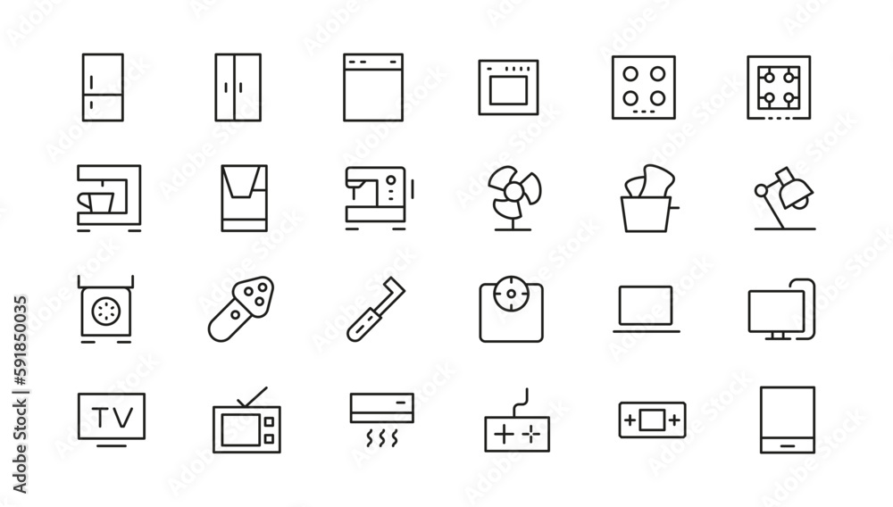 Household appliances vector icon set such as toaster, blender, hairdryer, electric range, video and photo camera. Editable line icon collection Household appliances vector icon set such as toaster, blender, hairdryer, electric range, video and photo camera. Editable line icon collection