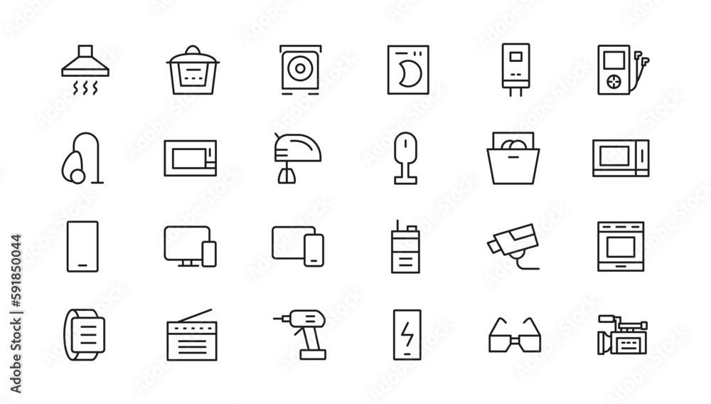 Household appliances vector icon set such as toaster, blender, hairdryer, electric range, video and photo camera. Editable line icon collection Household appliances vector icon set such as toaster, blender, hairdryer, electric range, video and photo camera. Editable line icon collection