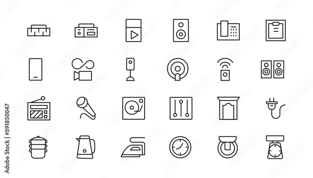 Household appliances vector icon set such as toaster, blender, hairdryer, electric range, video and photo camera. Editable line icon collection Household appliances vector icon set such as toaster, blender, hairdryer, electric range, video and photo camera. Editable line icon collection