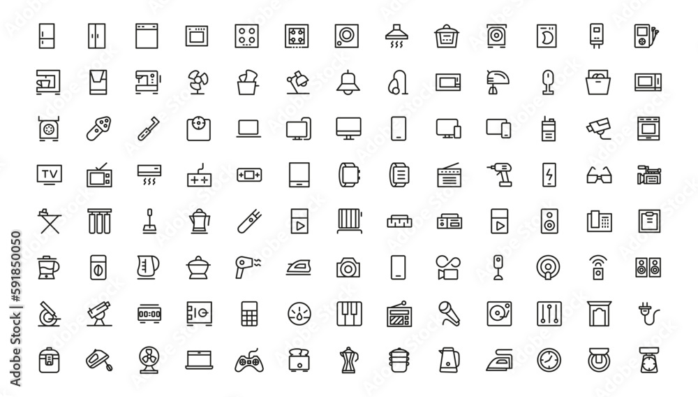 Household appliances vector icon set such as toaster, blender, hairdryer, electric range, video and photo camera. Editable line icon collection Household appliances vector icon set such as toaster, blender, hairdryer, electric range, video and photo camera. Editable line icon collection