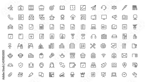Office workspace elements - thin line web icon set. Outline icons collection. Simple vector illustration.