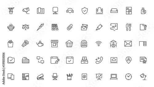 Office workspace elements - thin line web icon set. Outline icons collection. Simple vector illustration.