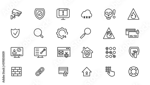 Security set of web icons in line style. Cyber Security and internet protection icons for web and mobile app. Password, security system, finger print, spy, electronic key and more. Vector illustration