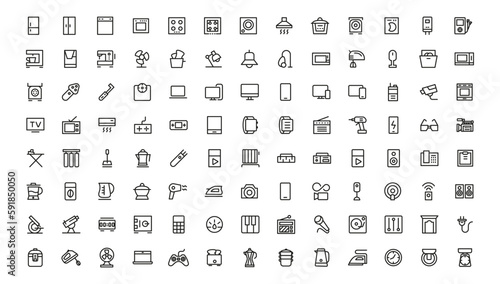 Household appliances vector icon set such as toaster, blender, hairdryer, electric range, video and photo camera. Editable line icon collection