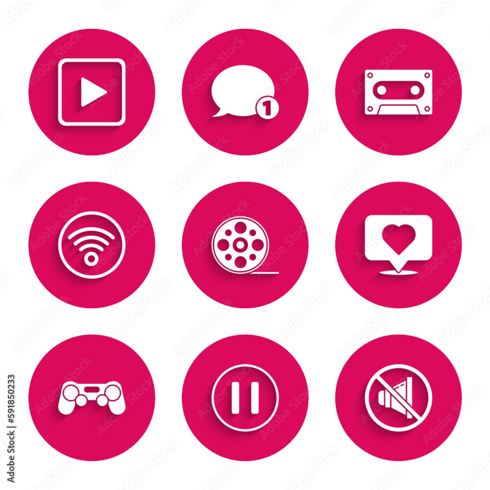 Set Film reel, Pause button, Speaker mute, Like and heart, Gamepad, Wi-Fi wireless internet network, Retro audio cassette tape and Play square icon. Vector Set Film reel, Pause button, Speaker mute, Like and heart, Gamepad, Wi-Fi wireless internet network, Retro audio cassette tape and Play square icon. Vector