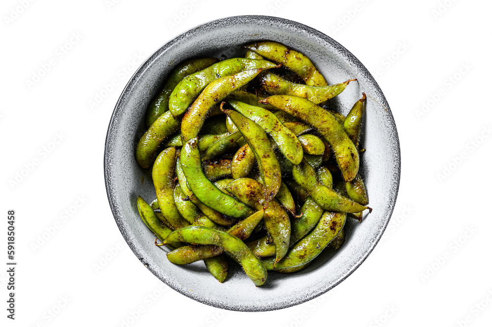 Steamed Edamame Bean, Green Soybean in a pan, East Asian Cuisine.  Isolated, transparent background