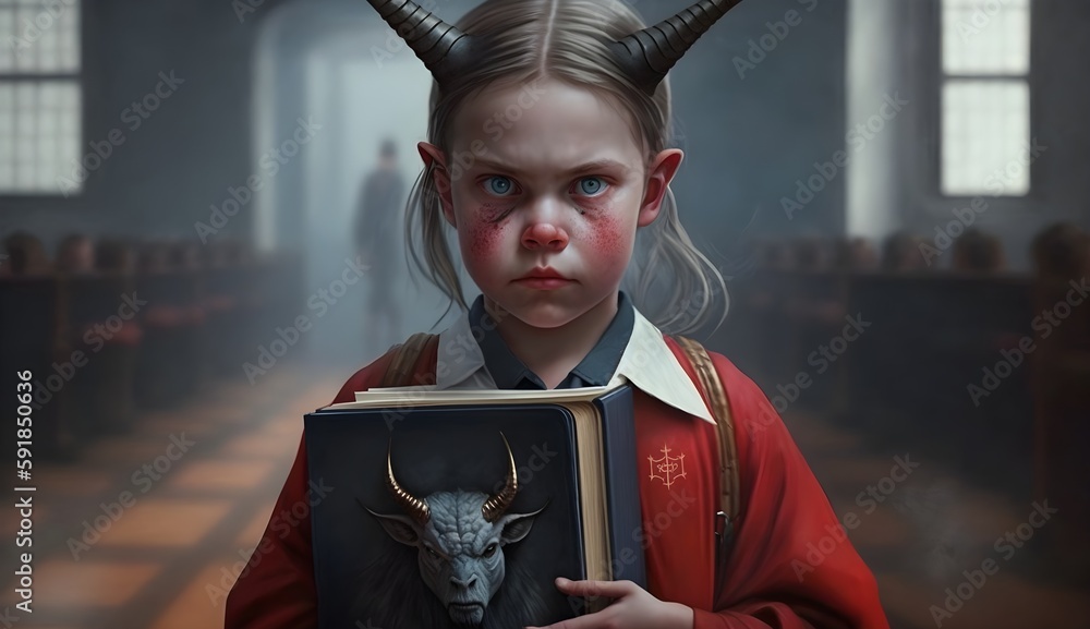 hyperrealistic image of a child bringing the satanic bible to school