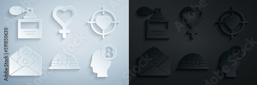 Set Elegant women hat, Heart in the center of target aim, Envelope with 8 March, human head, Female gender symbol and Perfume icon. Vector