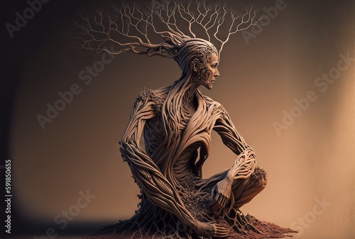 Roots woman yogi with unusual body fantasy mysterious portrait of an old monk is a colorful illustration in beige and brown colors generative ai