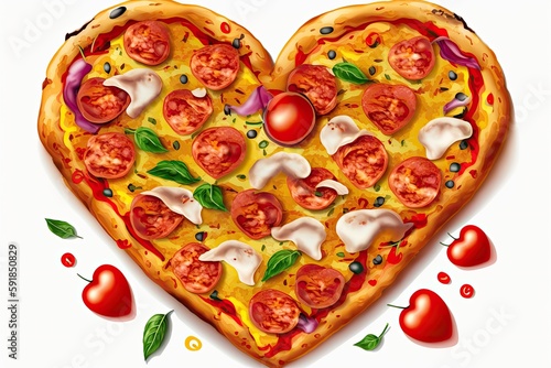 heart-shaped pizza with a variety of delicious toppings. Generative AI