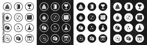 Set Cocktail, Music note, tone, Disco ball, Cake, synthesizer, Beer can, Party hat and Musical in speech bubble icon. Vector