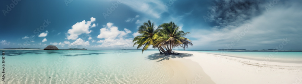 Tropical beach paradise with a coconut palm tree ina white sand with blue sky. Generative AI