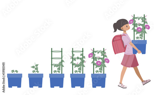 朝顔を運ぶ小学生の女の子