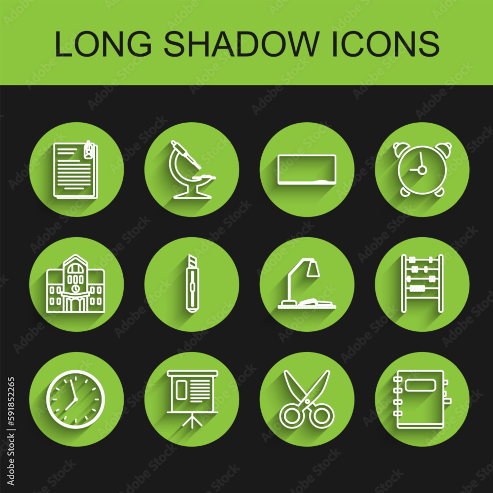 Set line Clock, schedule, chart, diagram, infographic, pie graph, File document and paper clip, Scissors, Notebook, Stationery knife, Abacus and Workplace table lamp open icon. Vector