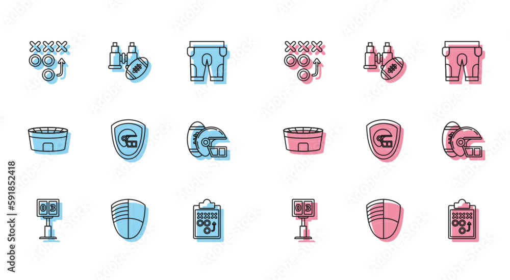 Set line Sport football mechanical scoreboard and result display, Football club logo template, Planning strategy concept, American helmet shield, stadium and Binoculars american icon. Vector Set line Sport football mechanical scoreboard and result display, Football club logo template, Planning strategy concept, American helmet shield, stadium and Binoculars american icon. Vector