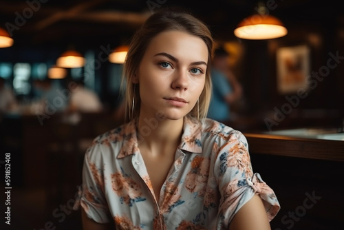 young adult woman in a cafe. Generative AI
