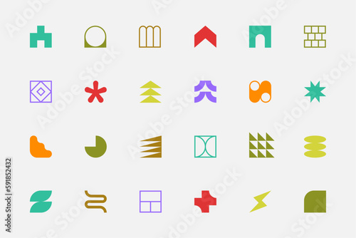 Colorful symbols set. Abstract and basic shapes. Geometric forms. Minimalist icons. Flat vector concept. Modern signs. Isolated elements. Neo geo art.