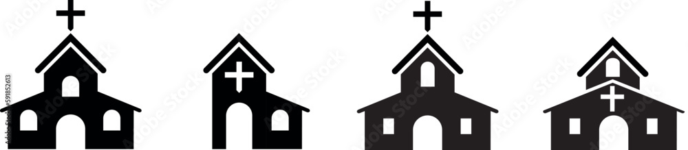 Row of different designs of churches isolated on a white background