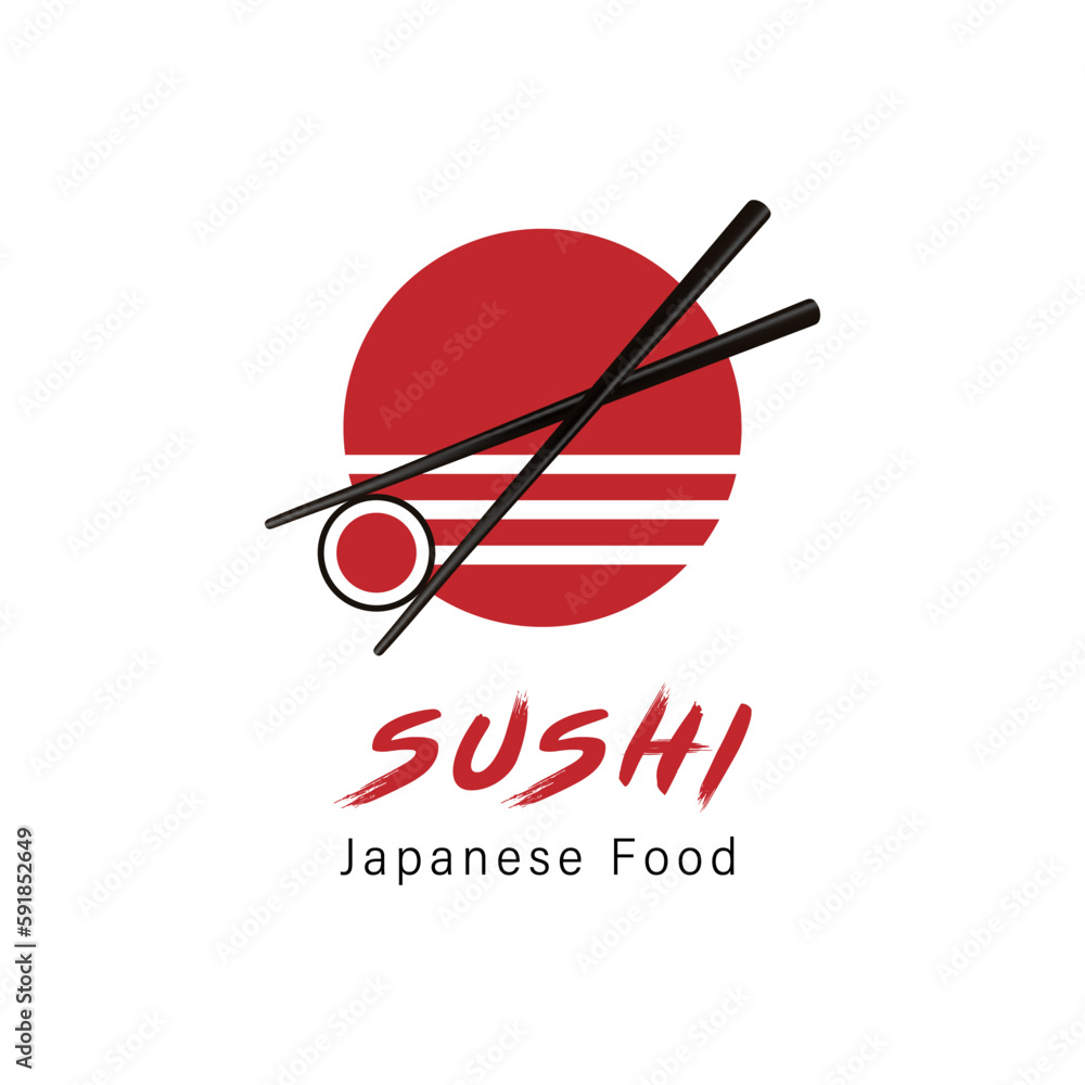 Vector Icon Style Illustration Logo of Asian Street Fast Food Bar or Shop, Sushi, Maki, Onigiri Salmon Roll with Chopsticks, Isolated Minimalistic Object