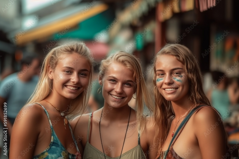 friends outdoors in back street, visiting local side street on vacation. Generative AI friends outdoors in back street, visiting local side street on vacation. Generative AI