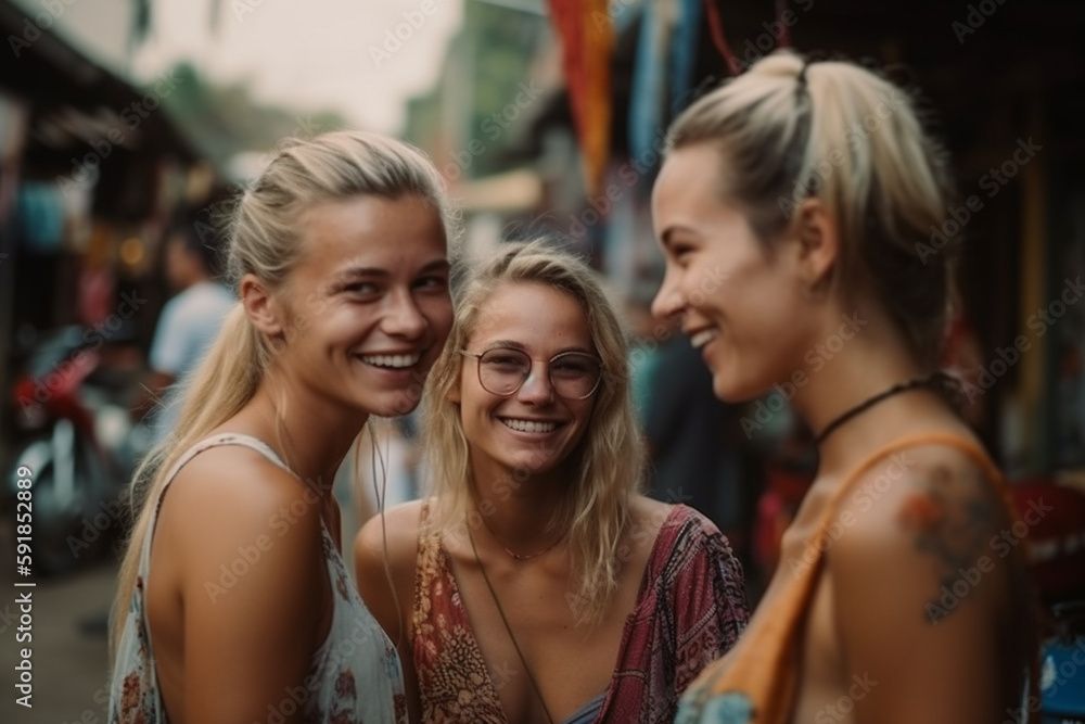 friends outdoors in back street, visiting local side street on vacation. Generative AI friends outdoors in back street, visiting local side street on vacation. Generative AI