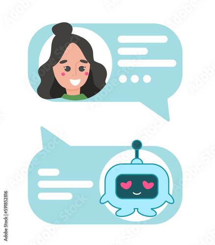 Chatbot character. Online helper chatting with woman, virtual robot answers questions by customer, dialog help service 