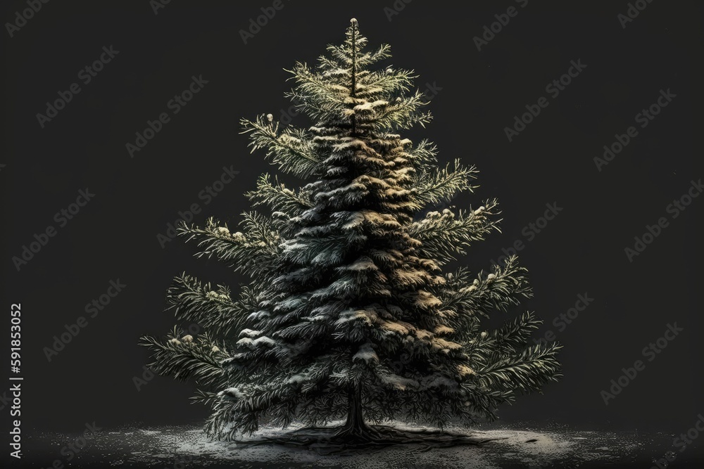 lone pine tree covered in snow against a dark background. Generative AI lone pine tree covered in snow against a dark background. Generative AI
