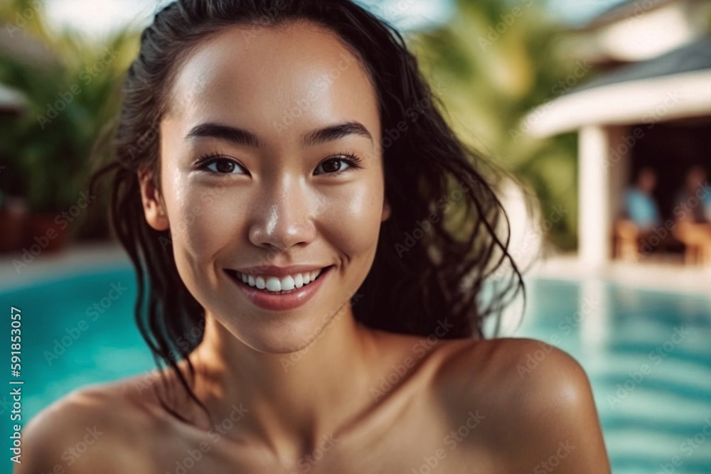 young adult woman multi-ethnic tanned asian looking woman in the swimming pool with a smile. Generative AI